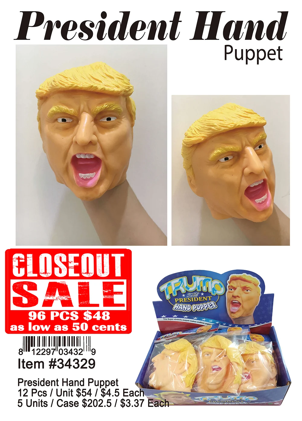 Trump Hand Puppet - Closeout 96 Pcs.